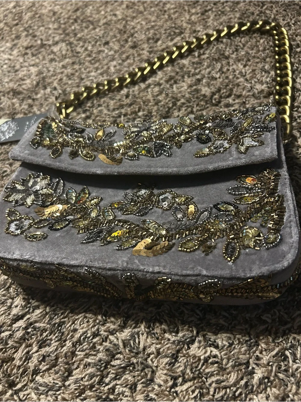 Hand Beaded Gray Velvet Shoulder Bag with Gold Chain